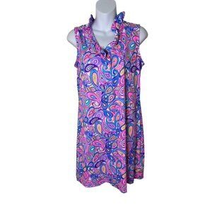 Lulu B Paisley Medium Sleeveless Shift Dress Pink & Blue Preppy Ruffle Neck Prep